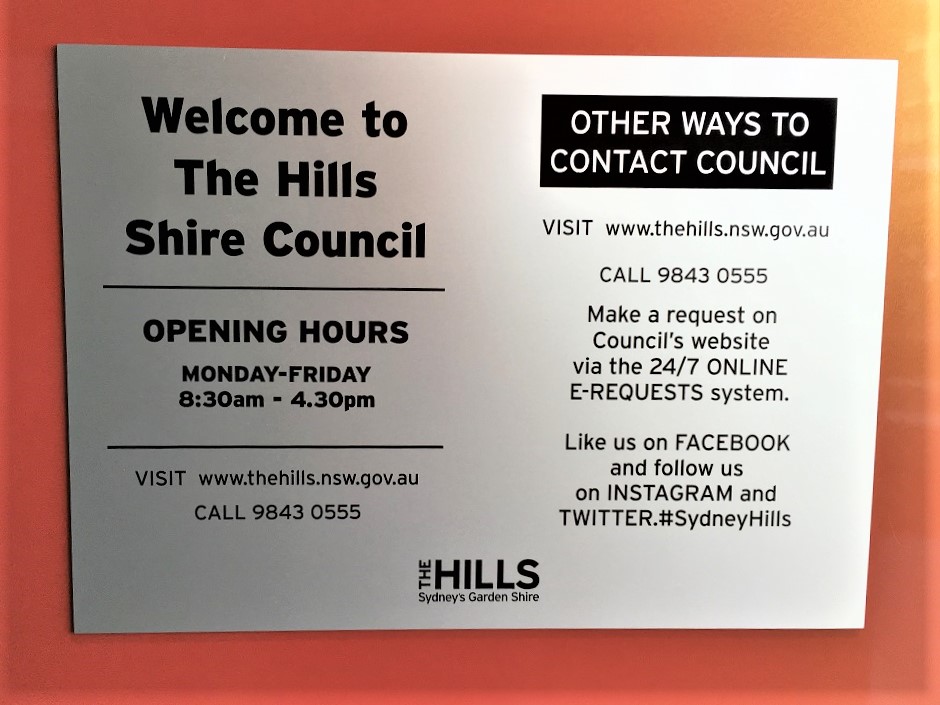 Hills Shire Opening Hours General Signage NSW